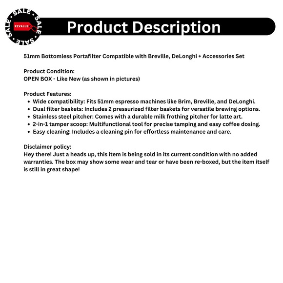 51mm Bottomless Portafilter Compatible with Breville DeLonghi + Accessories Set‎ - Picture 2 of 7